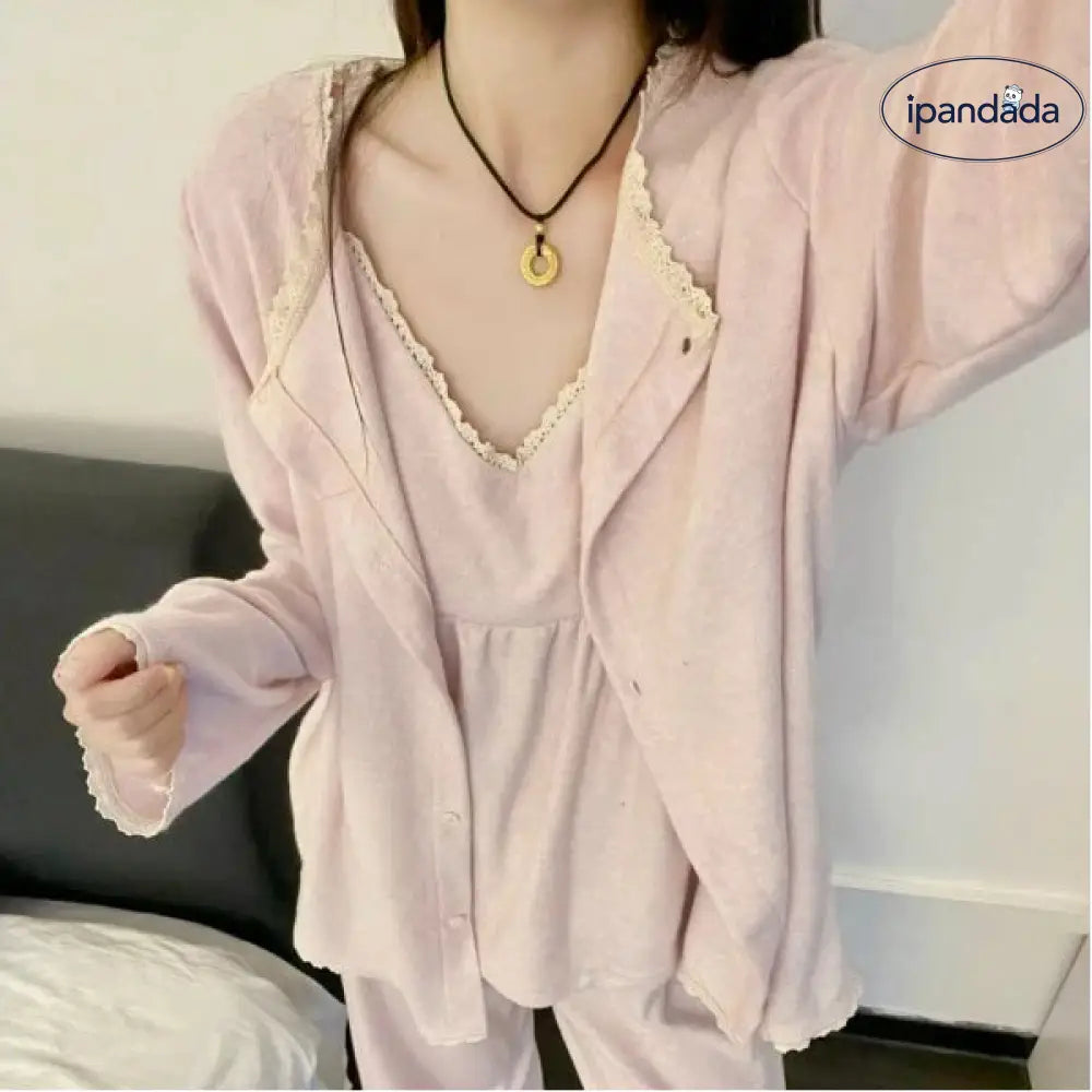 ルームウエア ナイトウェア レース デロン パジャマ レディース 冬用 カーディガン ロングパンツ ルームウェア 3点セット ID3957 レディース＞セットアップ