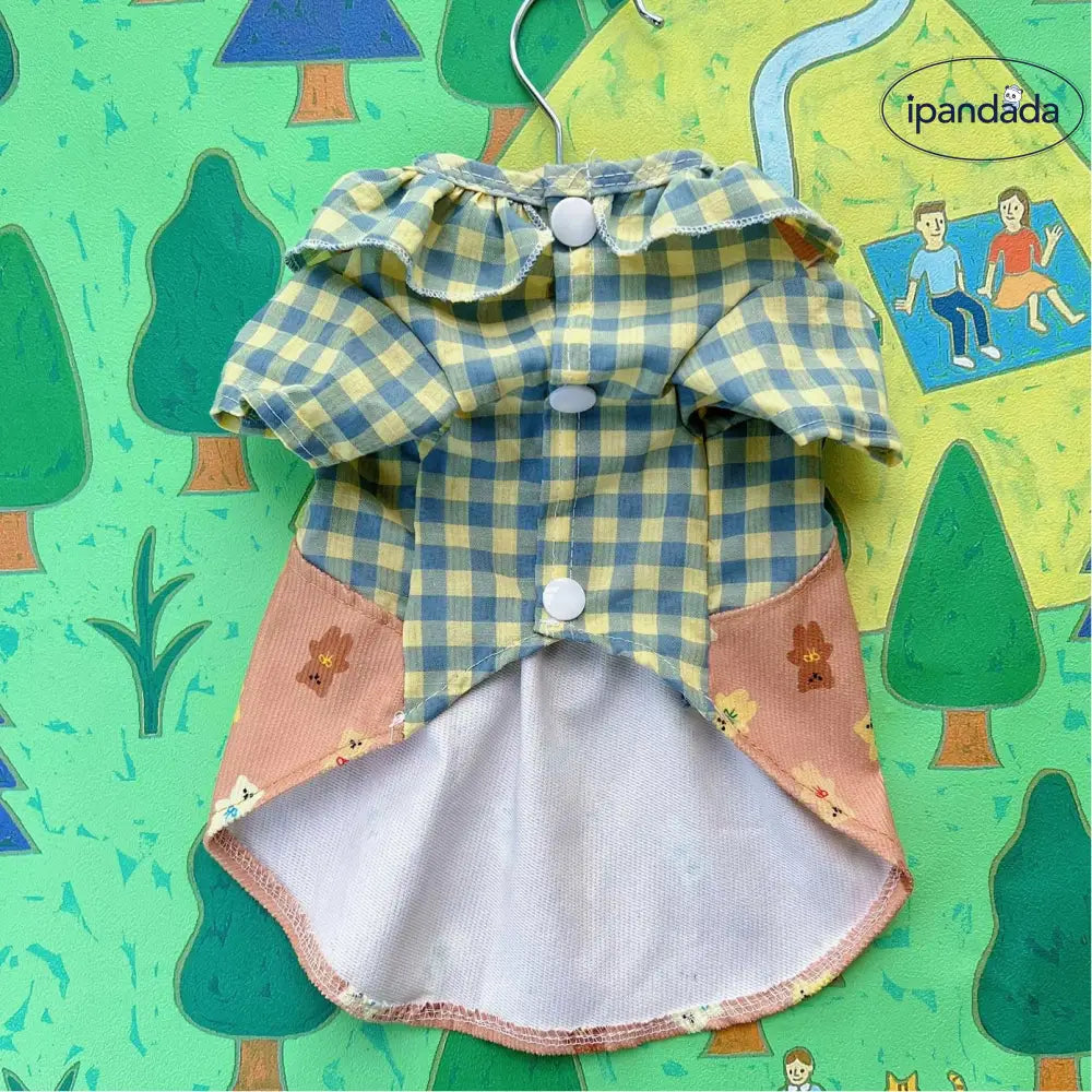 サスペンダー付き フリル 小熊 チェック柄 ワンピース ペット 犬猫用 小型犬 春夏秋用 プリンセスドレス テディ ベア ビション用 ID2331