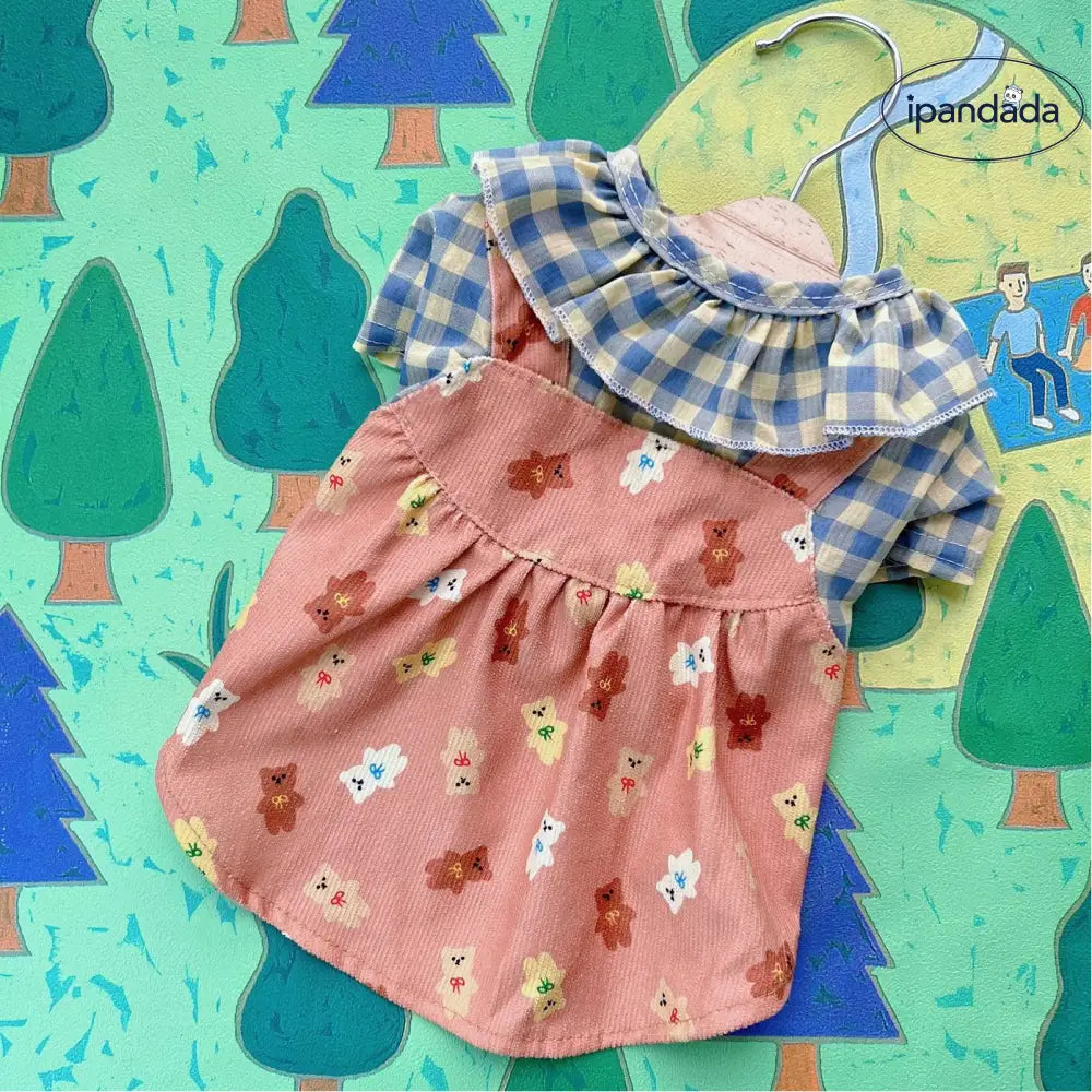 サスペンダー付き フリル 小熊 チェック柄 ワンピース ペット 犬猫用 小型犬 春夏秋用 プリンセスドレス テディ ベア ビション用 ID2331