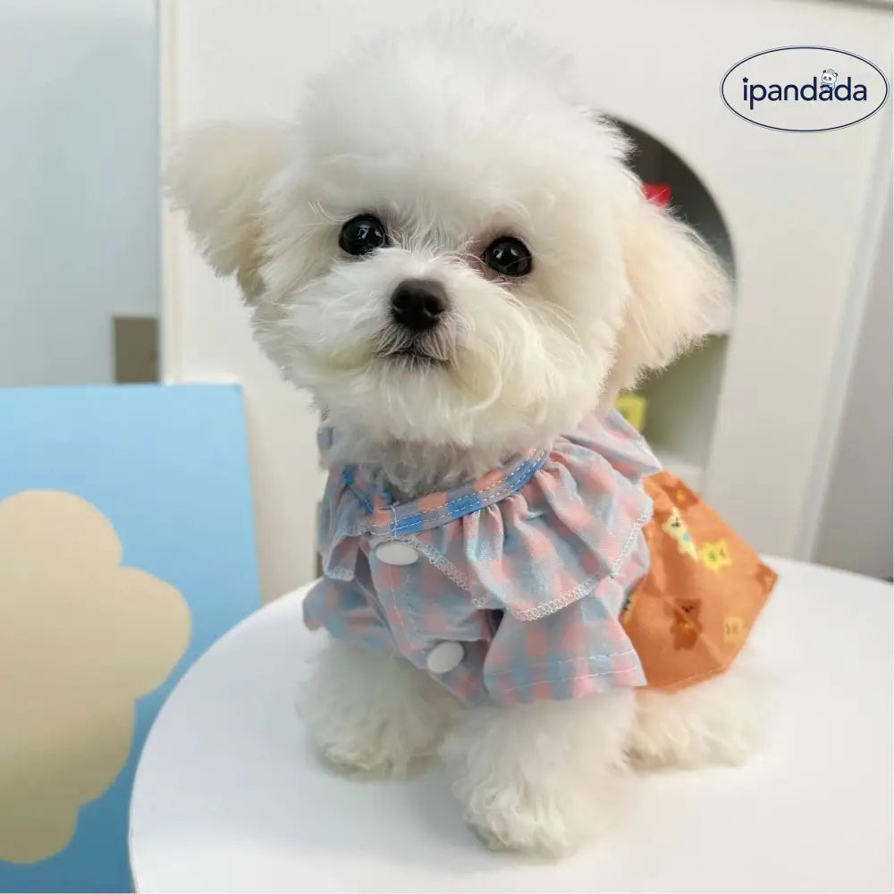 サスペンダー付き フリル 小熊 チェック柄 ワンピース ペット 犬猫用 小型犬 春夏秋用 プリンセスドレス テディ ベア ビション用 ID2331