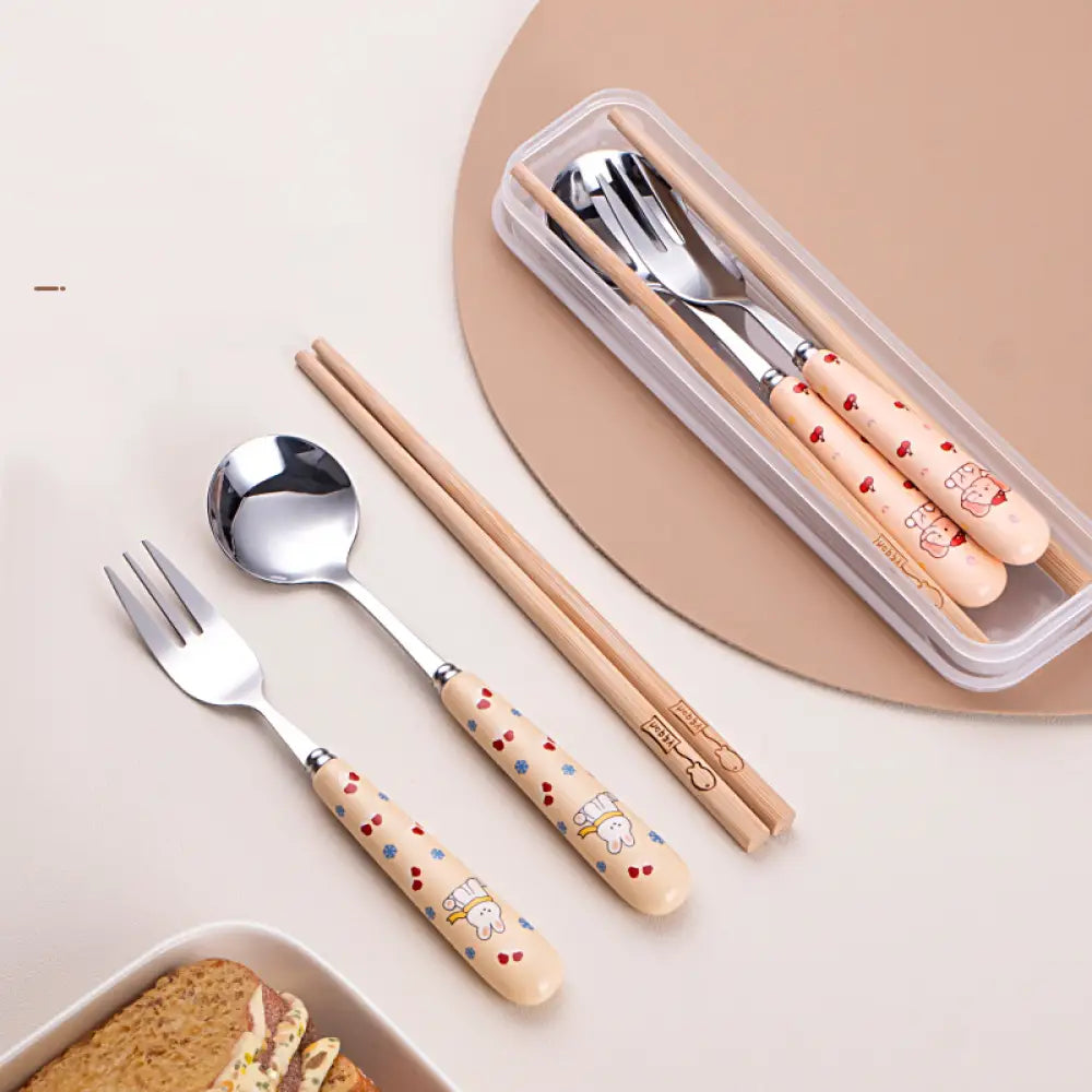 セラミック ハンドル スプーン フォーク ステンレス スプーン フォーク 箸 カトラリー セット 3点セット 学生用 家庭用 携帯用 カトラリー ID3114