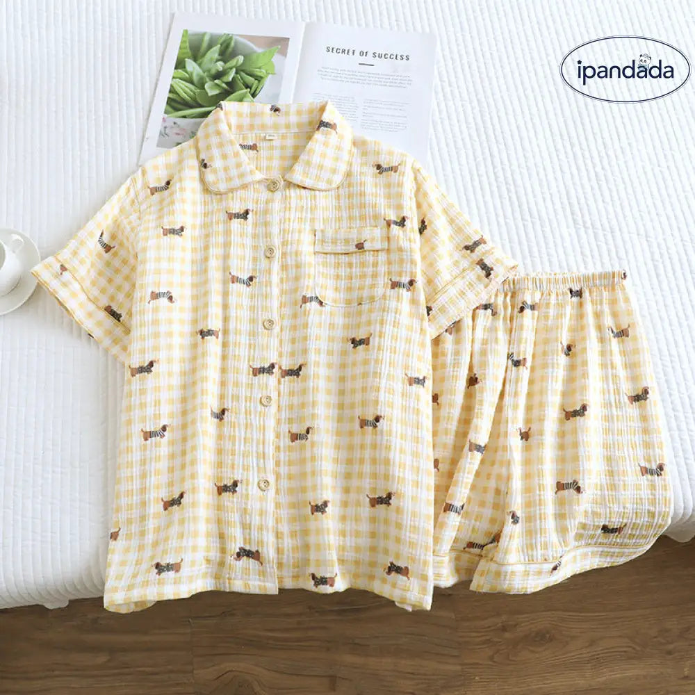ID999 レディース 夏用 綿100% ダブルガーゼ パジャマセット 半袖シャツ＆ショーツ リバーシブル ゆったり おうちコーデ イエローダックス / M レディース＞セットアップ