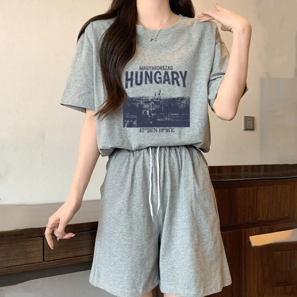 ID1498 綿 セットアップ パジャマ レディース 夏用 半袖 五分丈パンツ カジュアル ゆったり 外出可能 ルームウェア グレー / M 外出着>セットアップ