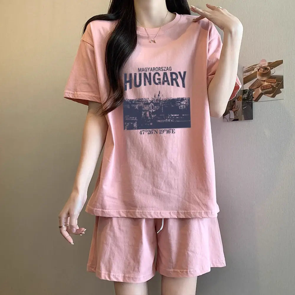 ID1498 綿 セットアップ パジャマ レディース 夏用 半袖 五分丈パンツ カジュアル ゆったり 外出可能 ルームウェア ピンク / M 外出着>セットアップ