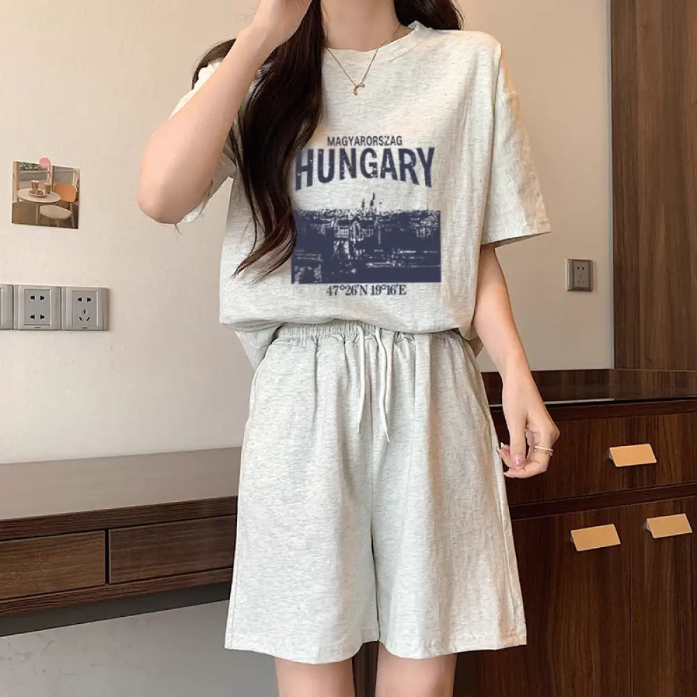 ID1498 綿 セットアップ パジャマ レディース 夏用 半袖 五分丈パンツ カジュアル ゆったり 外出可能 ルームウェア ライトグレー / M 外出着>セットアップ