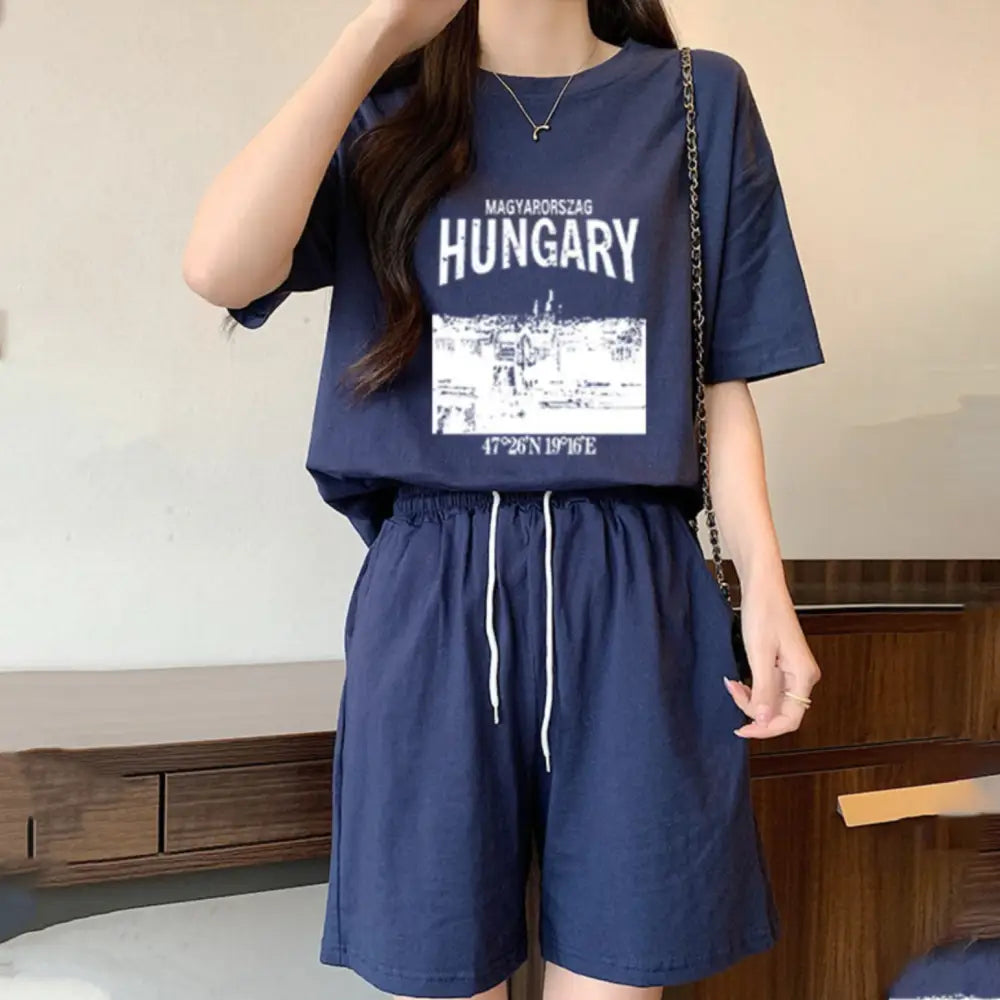 ID1498 綿 セットアップ パジャマ レディース 夏用 半袖 五分丈パンツ カジュアル ゆったり 外出可能 ルームウェア ダークブルー / M 外出着>セットアップ