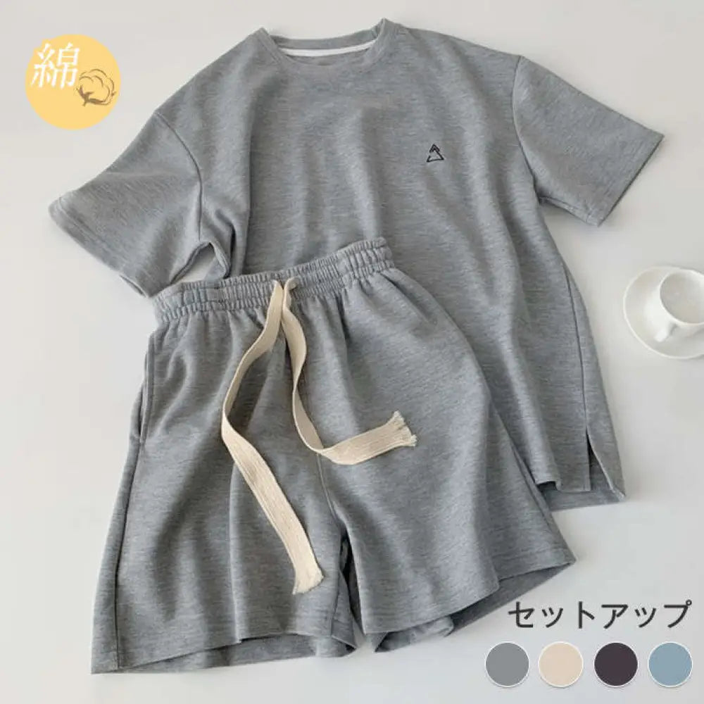 ID1610 セットアップ レディース  楽ちん  Tシャツ&短パン ジャージ 春 夏 半袖 上下セット tシャツ ショートパンツ ショーツ スポーツウェア スウェット ルームウェア 部屋着 運動服 カジュアル オシャレ 体型カバー 無地 コットン 綿