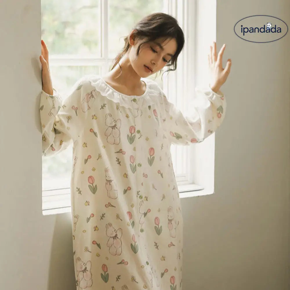 【上下セット/ワンピース】パジャマ うさぎ 花柄 レディース 部屋着 長袖 ルームウェア 前開き 春 夏 秋 ホームウェア 肌に優しい 大人 おしゃれ ウサギ レディース＞セットアップ