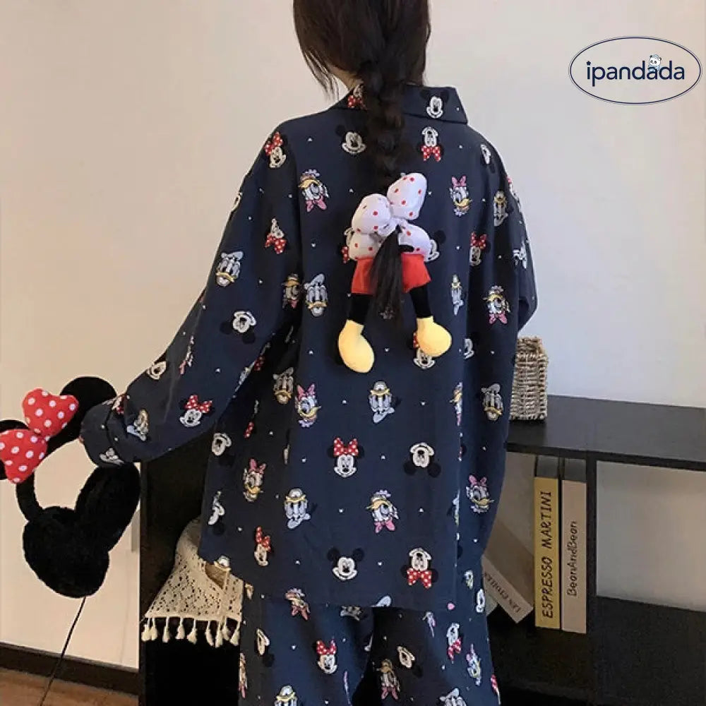 少女 かわいい ミッキー プリント 長袖 パジャマ レディース 春秋 新作 カートーン カーディガン 長パンツ ホームウェア 2点セット ID2188