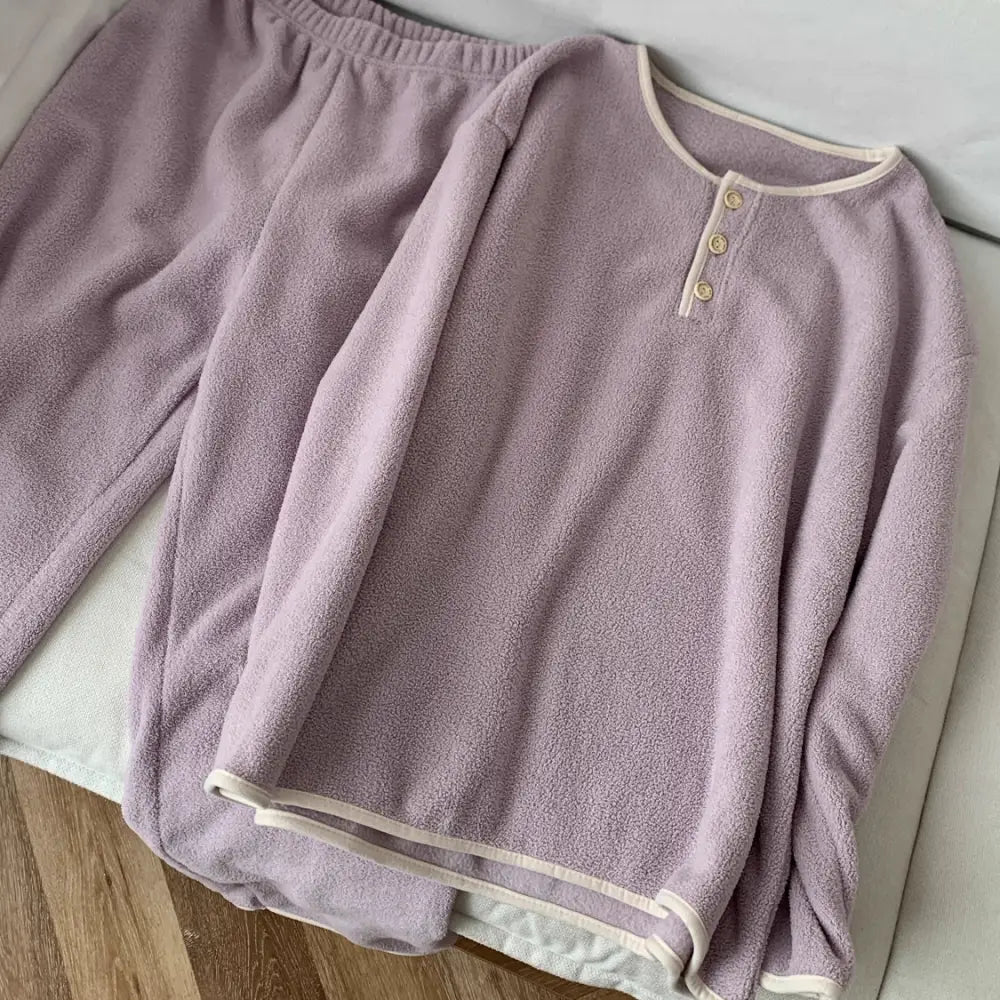 少女 かわいい 紫色 フリース パジャマ 女性 秋冬 シンプル 加厚 保温 セット ルームウェア 部屋着 長袖 長ズボン かわいいID2730 パープル / M レディース＞セットアップ