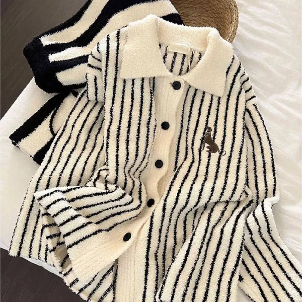 シンプル ブラック ホワイト ストライプ フリース パジャマ レディース 秋冬 新作 ニット 保温 ルームウェアセット 部屋着 寝間着 可愛い ID3958 写真通り / S レディース＞セットアップ