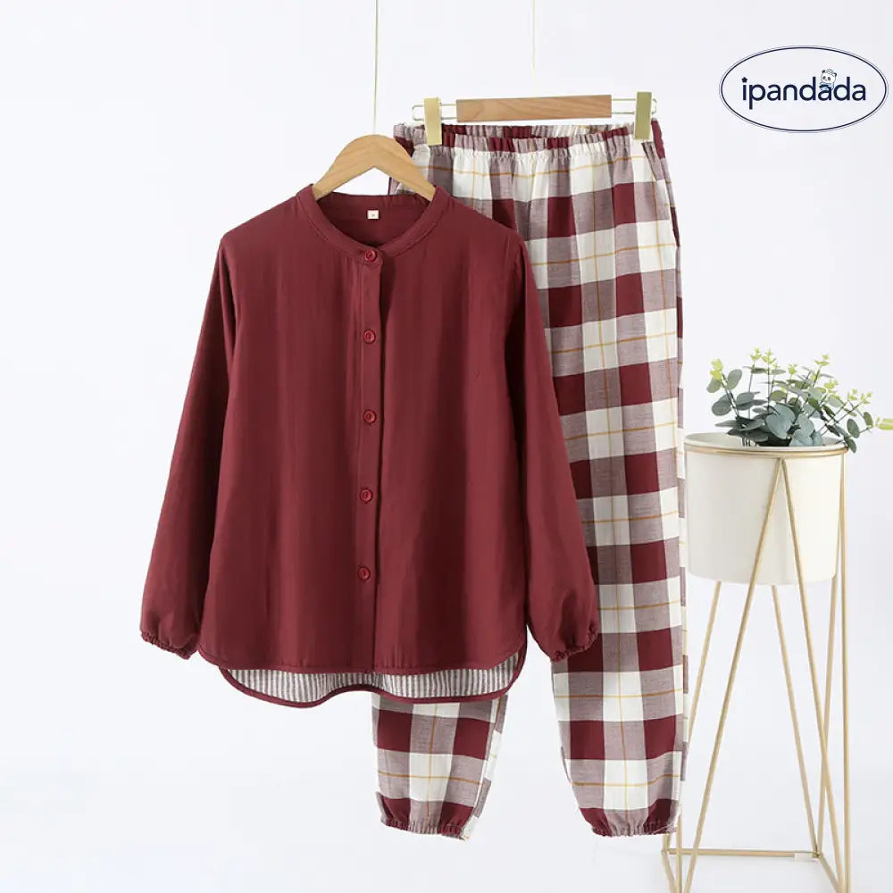 シンプル チェック柄 パジャマ 女性用 全棉 ダブルガーゼ 春秋用 立襟 赤 無印 纯棉 カップル用 部屋着  ルームウェア ID2311
