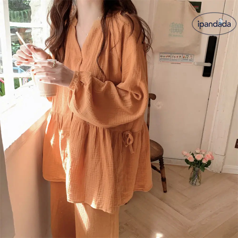 シンプル 二重ガーゼ パジャマ 女性用 春秋 長袖 ロングパンツ ルームウェア 2点セット ワンピース ID4653