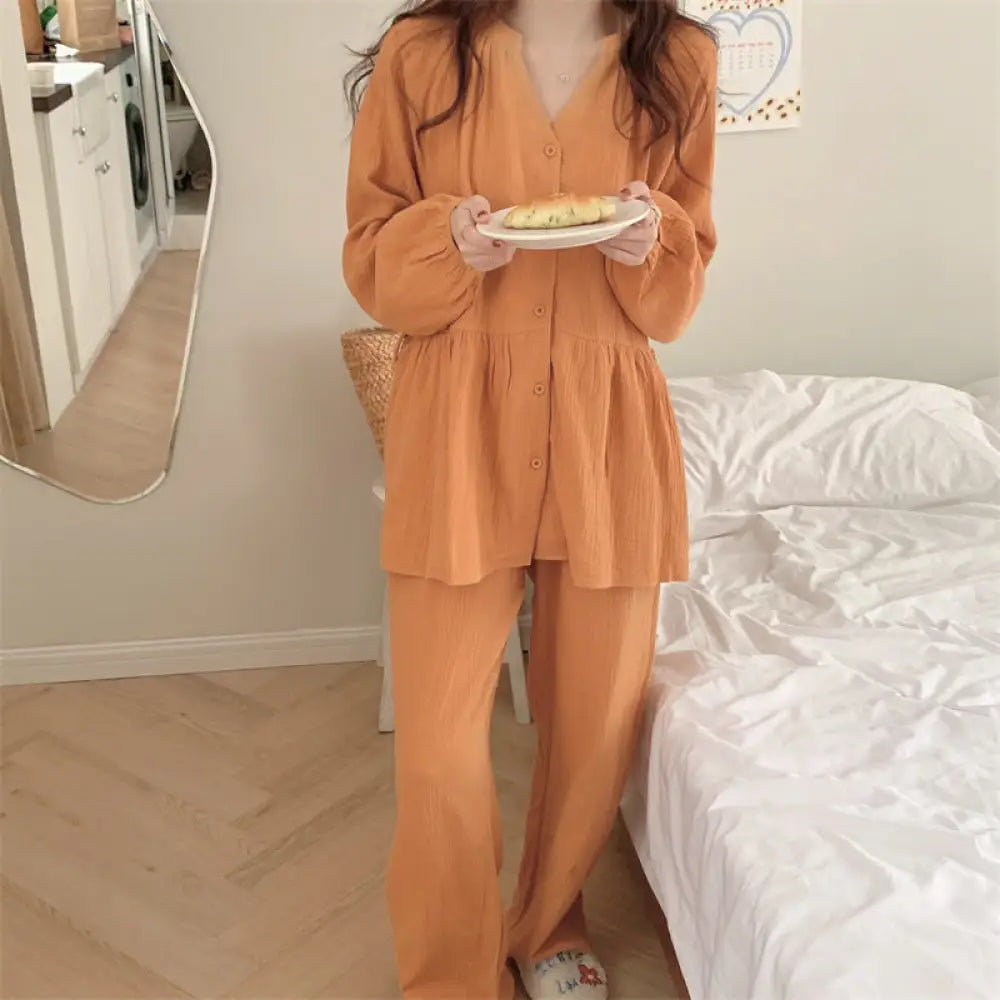 シンプル 二重ガーゼ パジャマ 女性用 春秋 長袖 ロングパンツ ルームウェア 2点セット ワンピース ID4653 - 写真通り（2点セット） / フリー