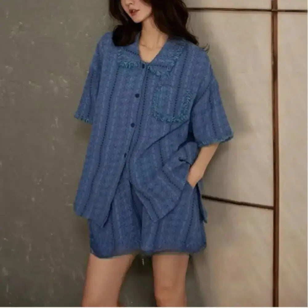 シンプル 高級感 夏の薄手 シャツカラー 半袖 ショートパンツ ナイトウェア レディース 新作 ブルー フリンジ ホームウェア セットアップ ID1791 レディース>セットアップ