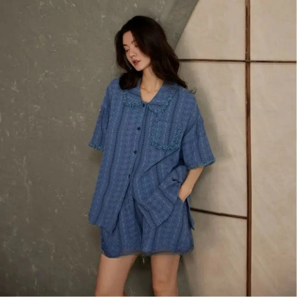 シンプル 高級感 夏の薄手 シャツカラー 半袖 ショートパンツ ナイトウェア レディース 新作 ブルー フリンジ ホームウェア セットアップ ID1791 ブルー / M レディース>セットアップ