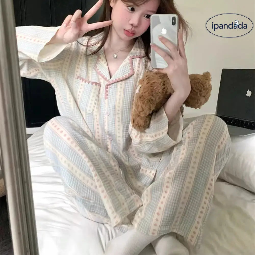 シンプル かわいい 韓国風 ブルーチェック フラワー ルームウェア パジャマ セット ID4333