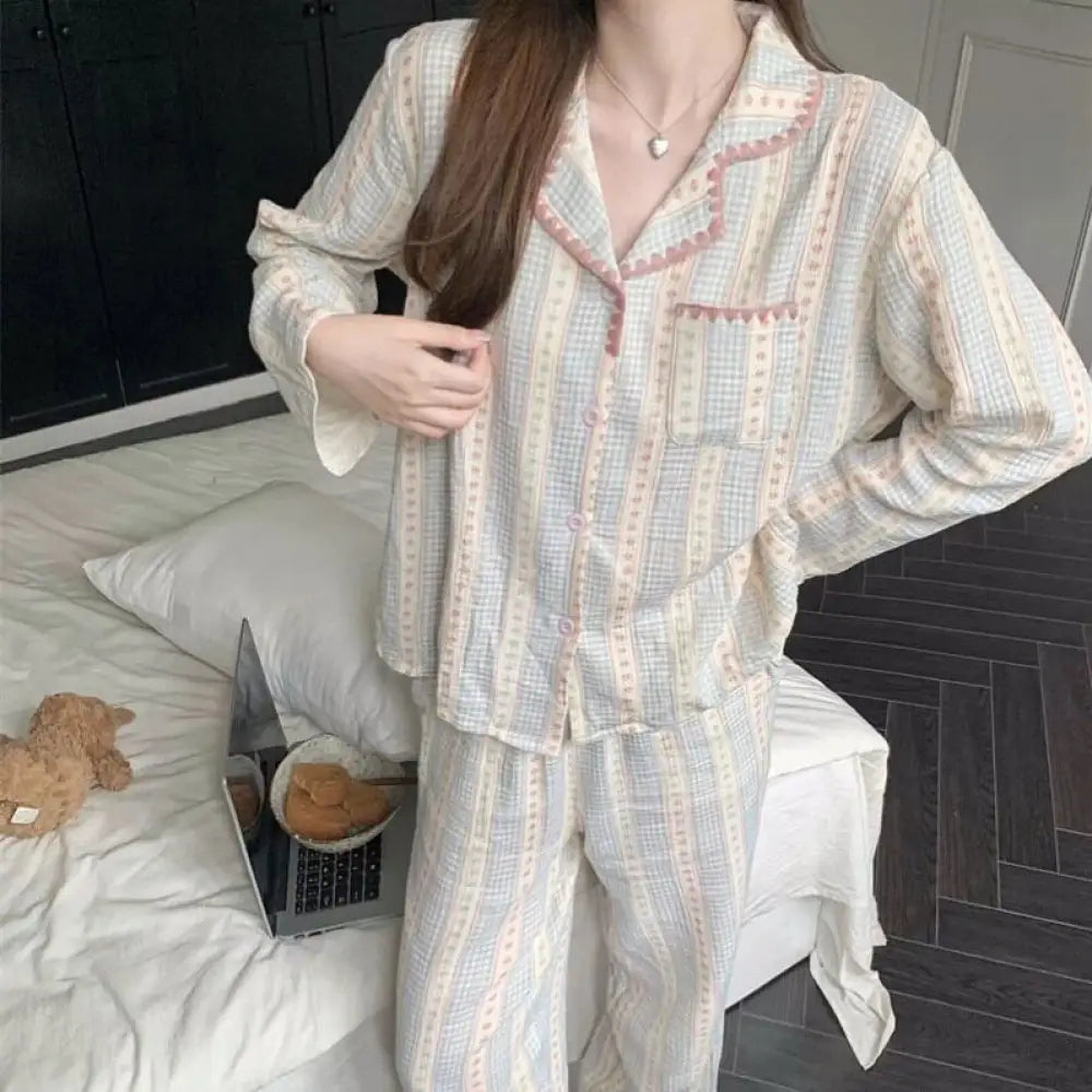 シンプル かわいい 韓国風 ブルーチェック フラワー ルームウェア パジャマ セット ID4333 写真通り / M