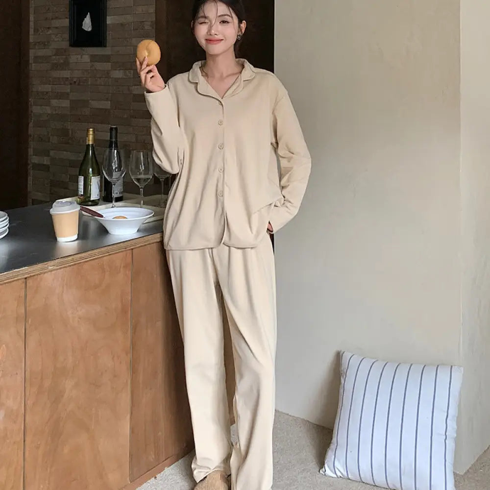 シンプル ルームウェア セット 長袖 ゆったり パジャマ 部屋着 トップス パンツ 2点セット ID4164 ベージュ / M