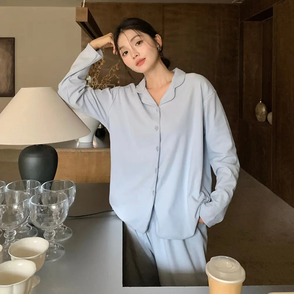 シンプル ルームウェア セット 長袖 ゆったり パジャマ 部屋着 トップス パンツ 2点セット ID4164 ブルー / M