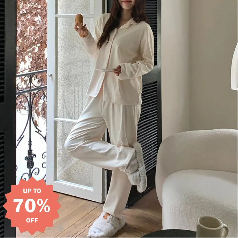 シンプル ルームウェア セット 長袖 ゆったり パジャマ 部屋着 トップス パンツ 2点セット ID4164 ホワイト / M