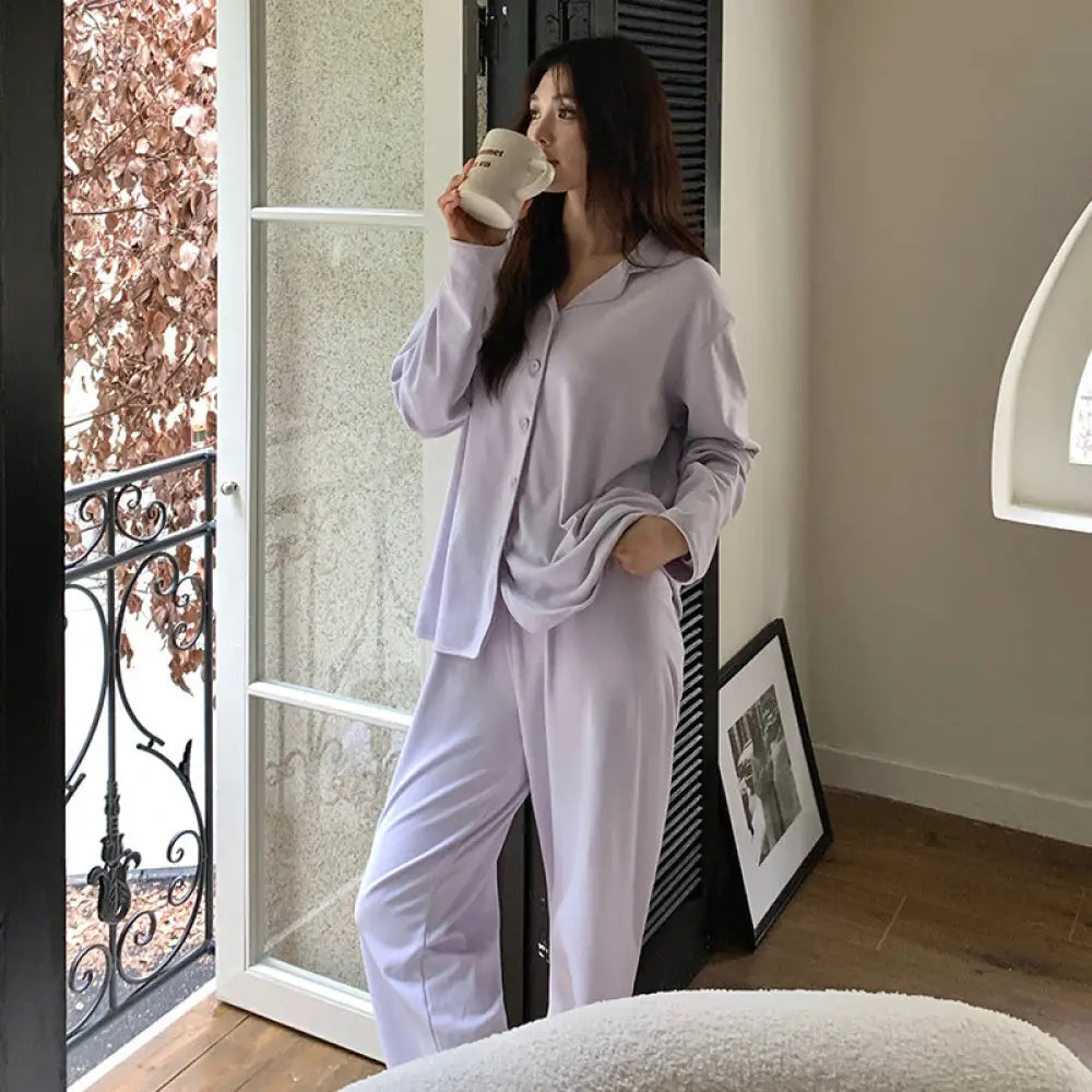 シンプル ルームウェア セット 長袖 ゆったり パジャマ 部屋着 トップス パンツ 2点セット ID4164 パープル / M