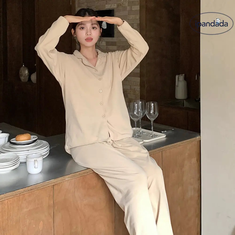 シンプル ルームウェア セット 長袖 ゆったり パジャマ 部屋着 トップス パンツ 2点セット ID4164
