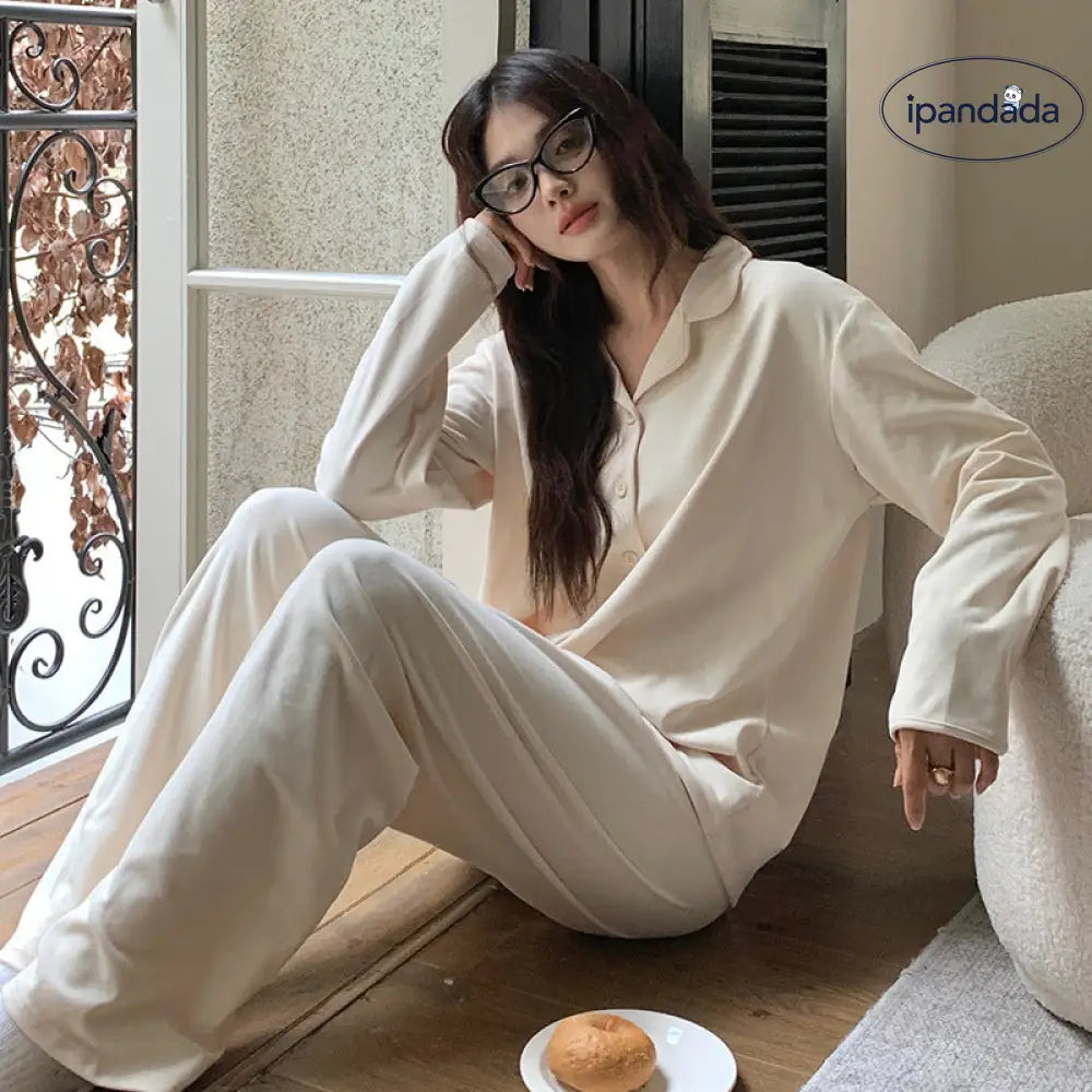 シンプル ルームウェア セット 長袖 ゆったり パジャマ 部屋着 トップス パンツ 2点セット ID4164