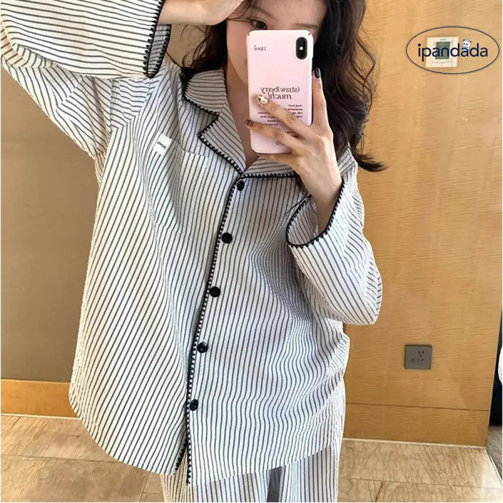 シンプル ストライプ パジャマ レディース 春秋 長袖 セット 高級感 クラウドコットン ルームウェア ID4327