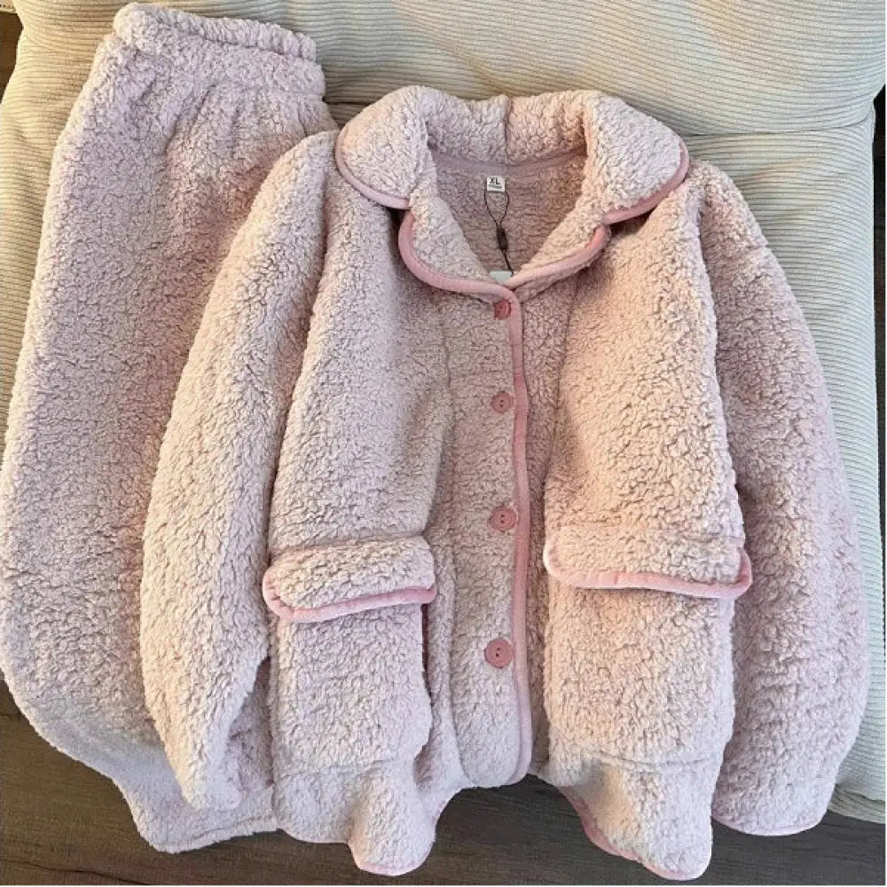 シンプルスタイル ピンク コーラルフリース パジャマ レディース 冬季 保温 厚手 ルームウェア セット ID3227 ピンク / S