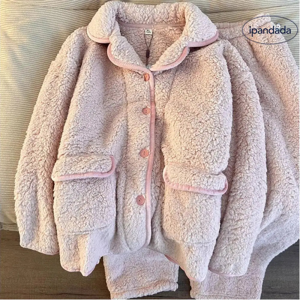 シンプルスタイル ピンク コーラルフリース パジャマ レディース 冬季 保温 厚手 ルームウェア セット ID3227