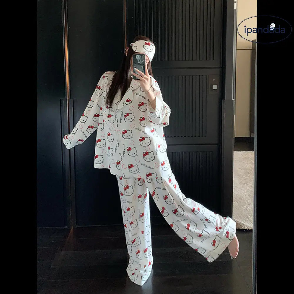 かわいい 少女 ハローキティ カートゥーン パジャマ レディース 春秋 高級感 長袖 長ズボン ルームウェア 外出可能 セットアップ ID2087 ホワイト / S レディース>セットアップ