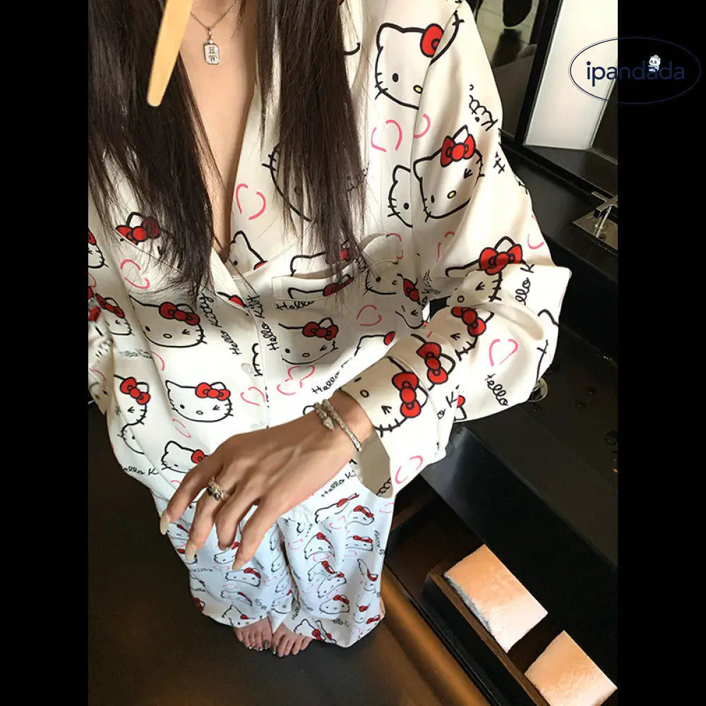 かわいい 少女 ハローキティ カートゥーン パジャマ レディース 春秋 高級感 長袖 長ズボン ルームウェア 外出可能 セットアップ ID2087
