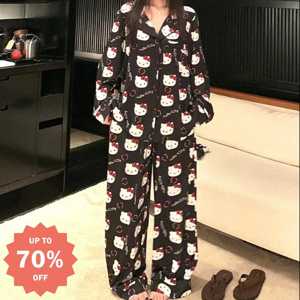 かわいい 少女 ハローキティ カートゥーン パジャマ レディース 春秋 高級感 長袖 長ズボン ルームウェア 外出可能 セットアップ ID2087