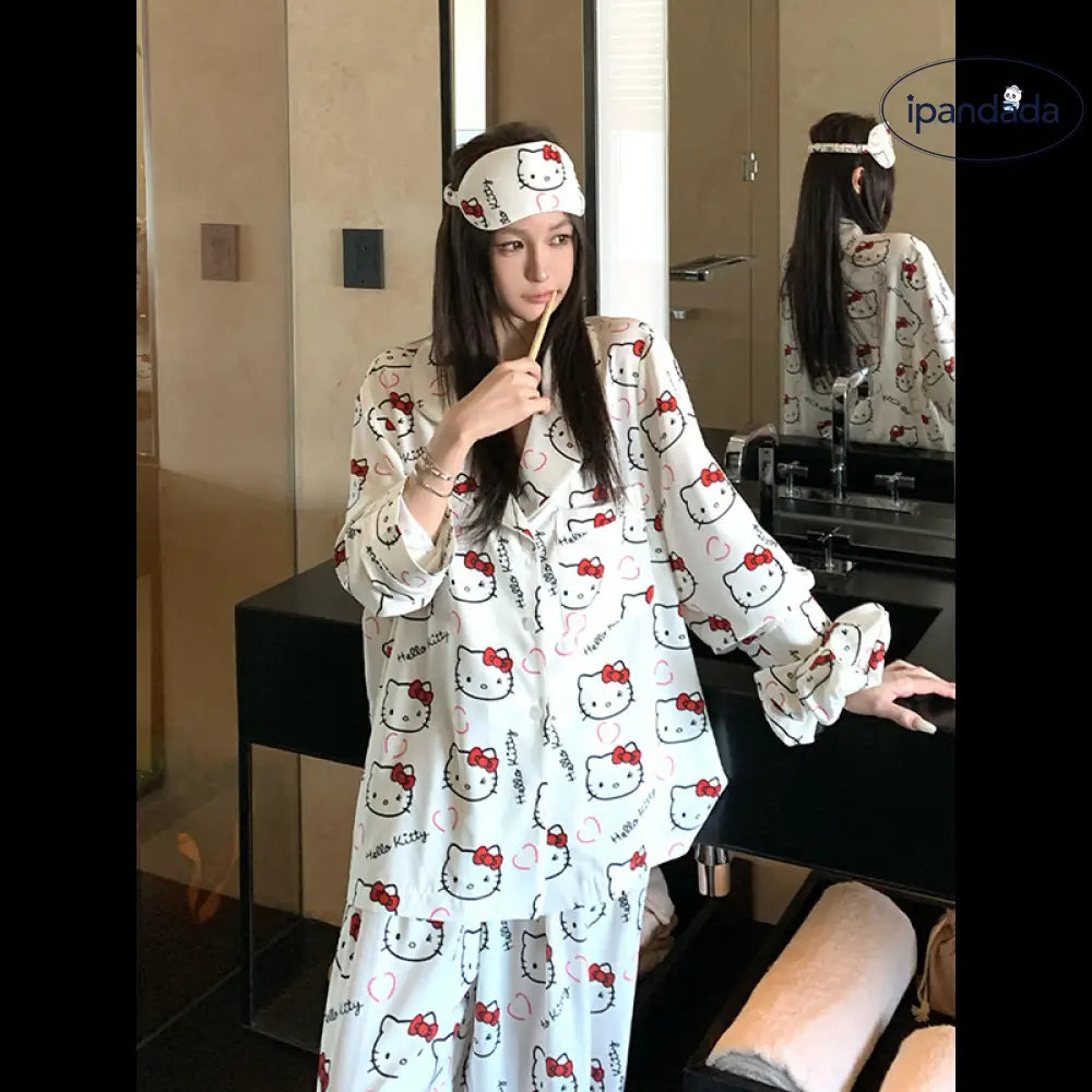 かわいい 少女 ハローキティ カートゥーン パジャマ レディース 春秋 高級感 長袖 長ズボン ルームウェア 外出可能 セットアップ ID2087