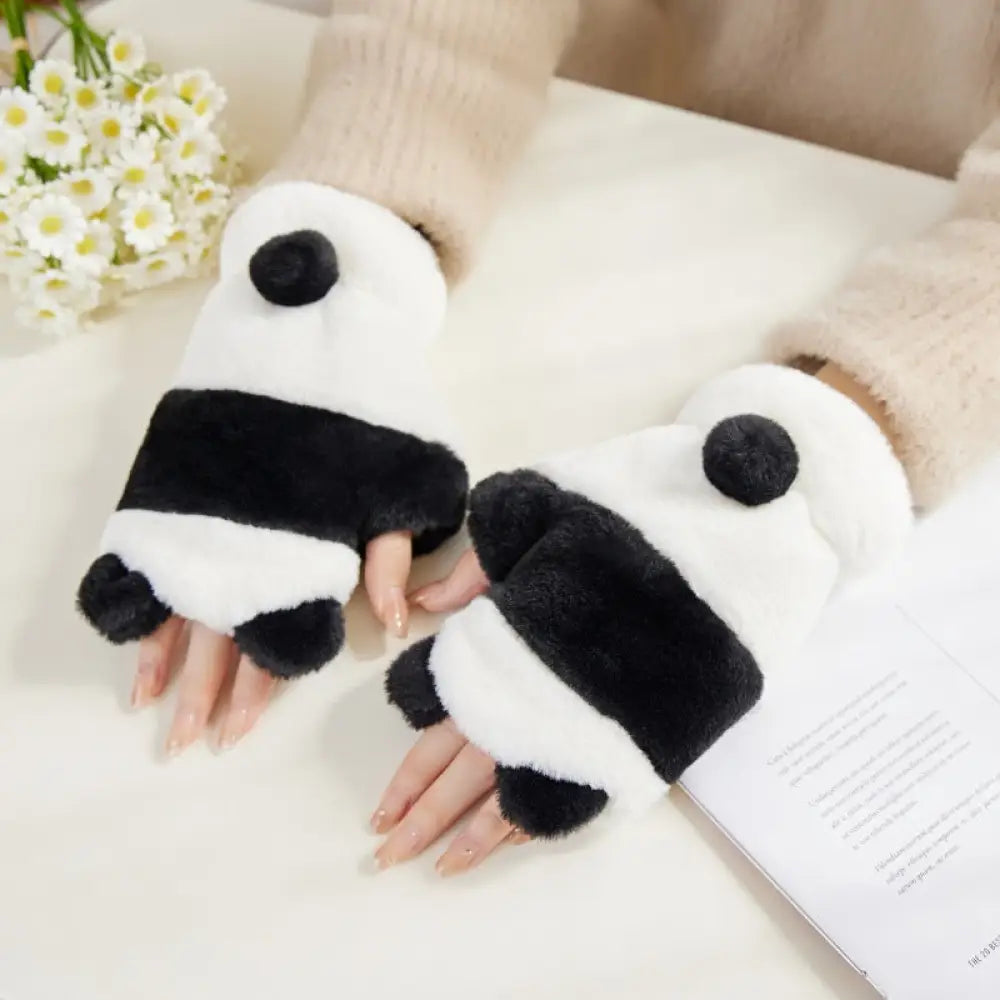 手袋 レディース 冬用 かわいい フリース 厚手 半指 指ぬき 韓国風 秋冬 保温 防寒 パンダ ID3209 ブラック / フリー