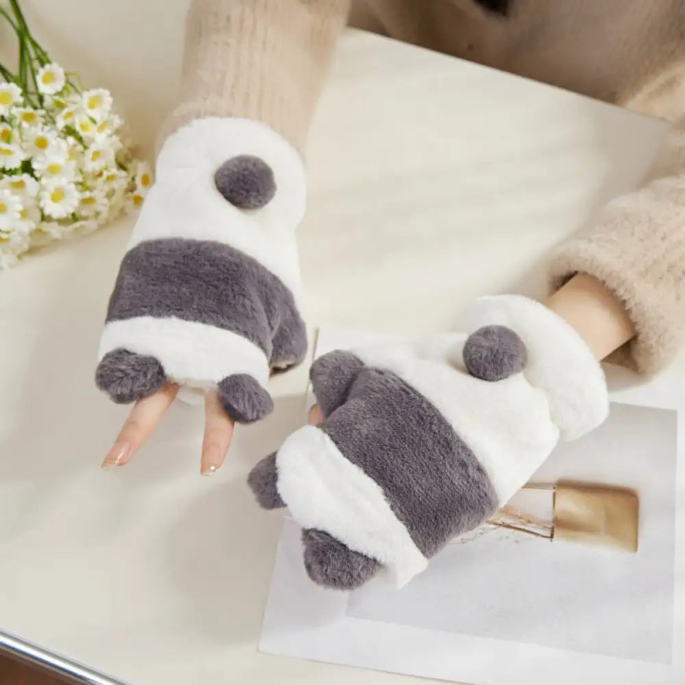 手袋 レディース 冬用 かわいい フリース 厚手 半指 指ぬき 韓国風 秋冬 保温 防寒 パンダ ID3209 グレー / フリー