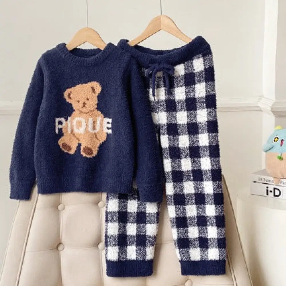 可愛い 親子 クリスマス クマ柄 子供用 男女兼用 ルームウェア パジャマ セット ID3083 ネイビー / XS