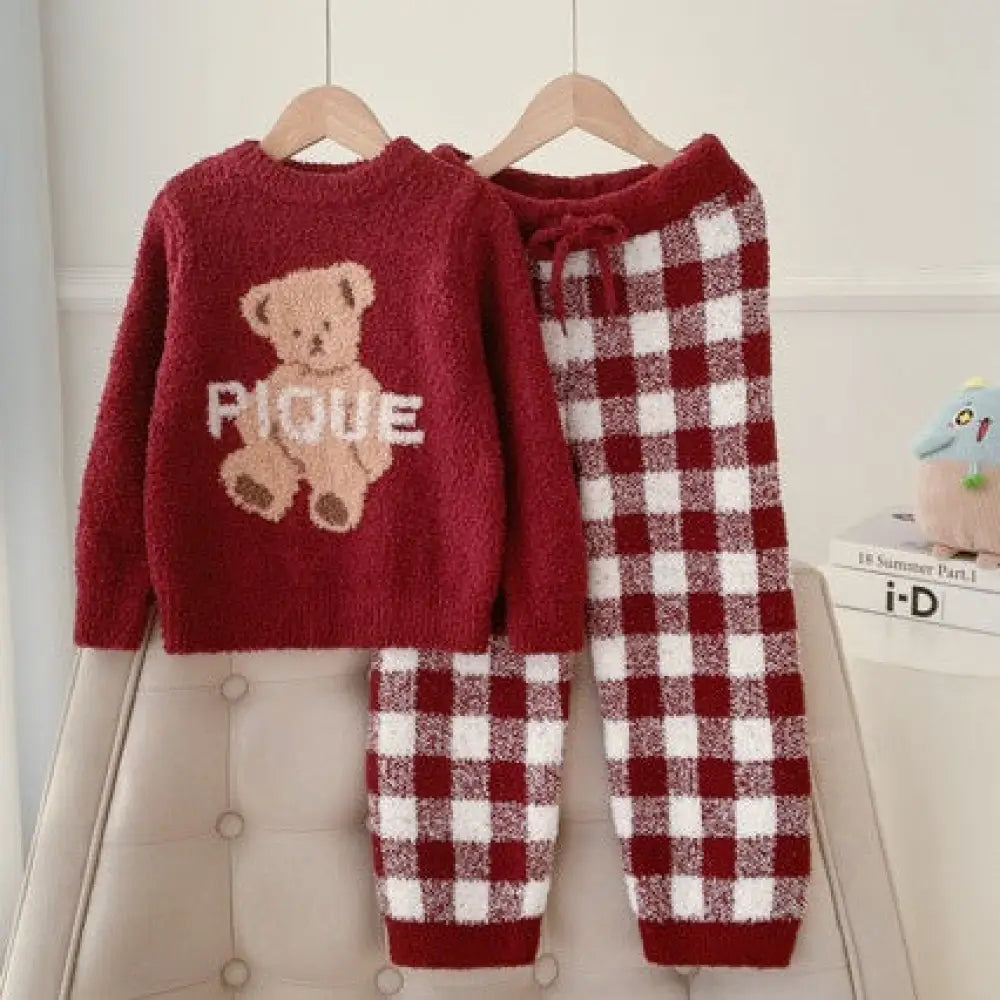 可愛い 親子 クリスマス クマ柄 子供用 男女兼用 ルームウェア パジャマ セット ID3083 レッド / XS