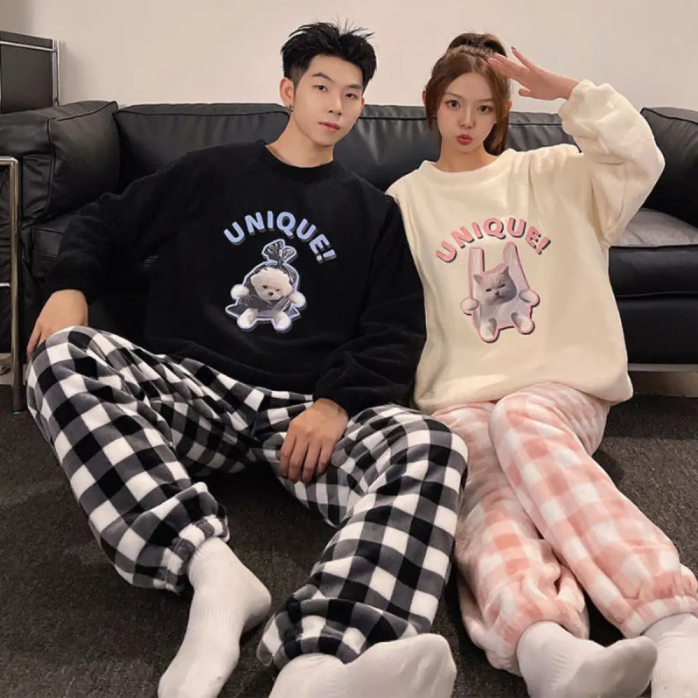 ミッキー カップル パジャマ ビーズファー ラウンドネック 甘い キャラクター フリース裏起毛 厚手 珊瑚フリース 保温 外出可 セットアップ 暖かい 柔らかい ID2695 タイプ⑤ / レディースＭ カップル＞セットアップ
