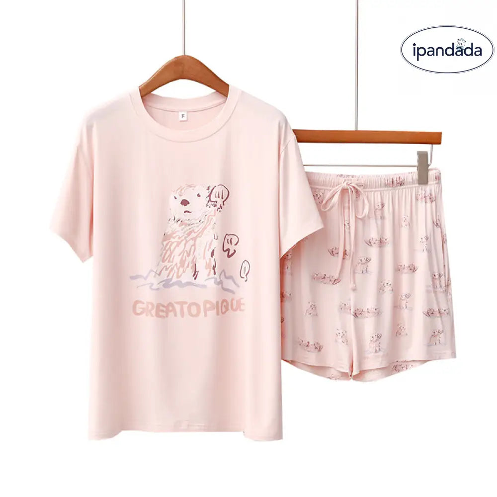 ID659 ラッコ プリント 夏 パジャマセット モダール 薄手 半袖 ショートパンツ かわいい ルームウェア 女子 ゆったり 吸汗速乾 おうちコーデ 日本風 イラスト ピンク / フリー レディース＞セットアップ