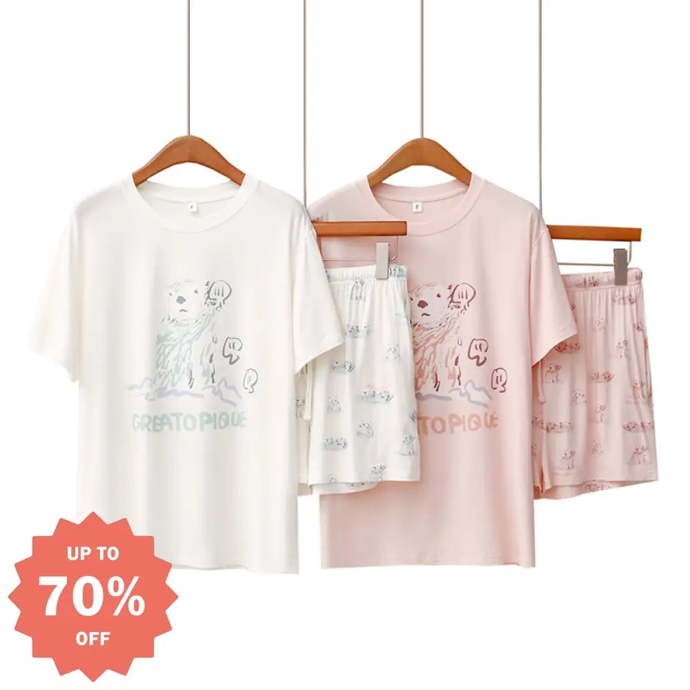 ID659 ラッコ プリント 夏 パジャマセット モダール 薄手 半袖 ショートパンツ かわいい ルームウェア 女子 ゆったり 吸汗速乾 おうちコーデ 日本風 イラスト レディース＞セットアップ