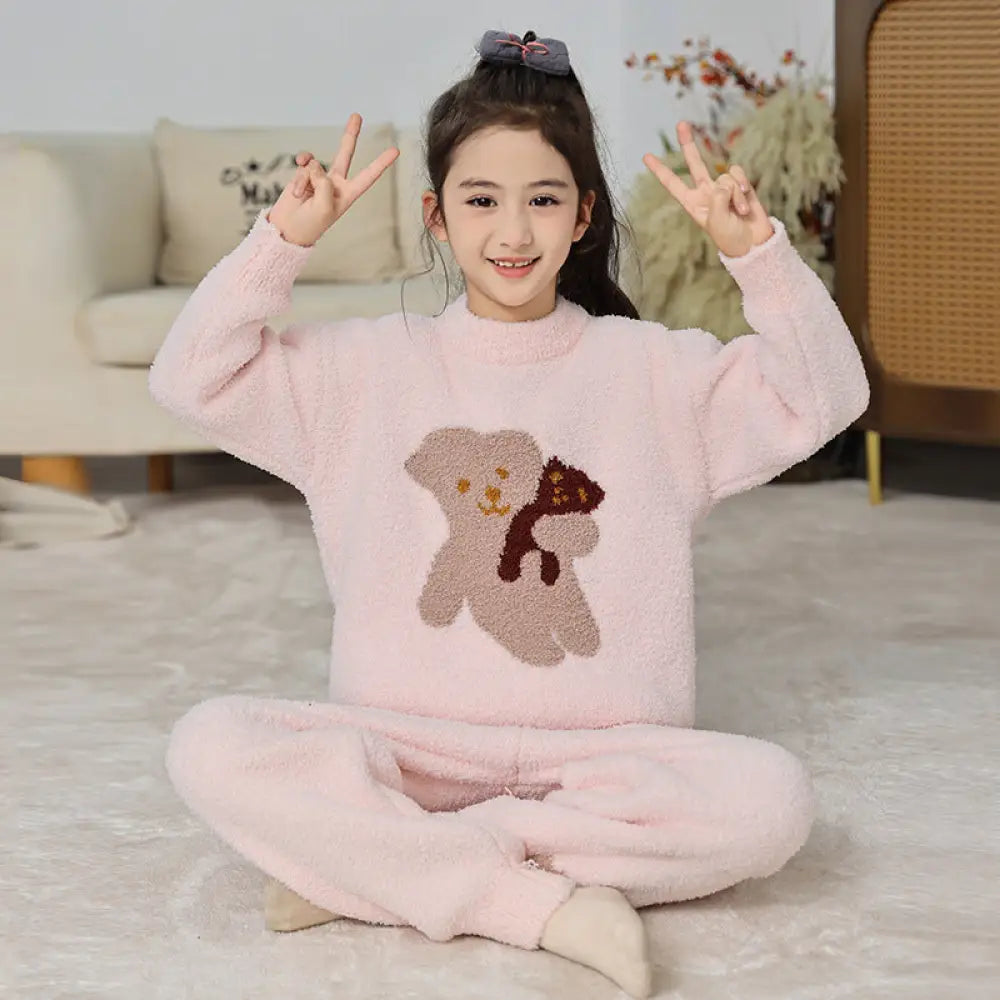 ソフト フワフワ ベア フリース カートゥーン ぬいぐるみ 厚手 保温 女の子 パジャマ パンツ 部屋着 セット 秋冬用 彼女 クリスマスプレゼント ID3175 ピンク / 120cm ベビー＆キッズ