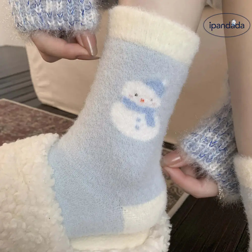 ソックス レディース 冬 フリース 厚手 保温 ミドルソックス かわいい カートゥーン 雪だるま 睡眠用 ルームソックス ID3285