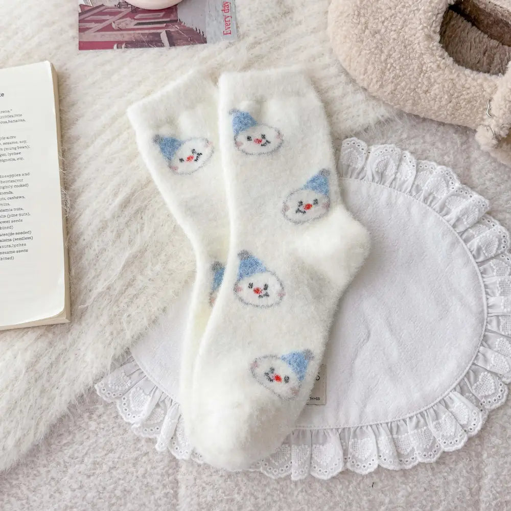 ソックス レディース 冬 フリース 厚手 保温 ミドルソックス かわいい カートゥーン 雪だるま 睡眠用 ルームソックス ID3285 タイプ② / フリー