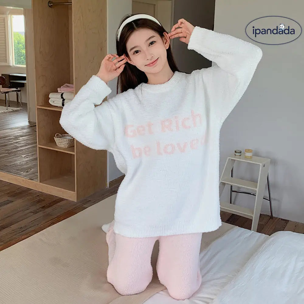 スイート ソフト フワフワ パジャマ レディース 秋冬 ハーフフリース ルームウェア 厚手 保温 シンプル かわいい 可愛い 暖かい あったか 長袖 部屋着 ふわもこ モコモコ セット ID3521 レディース＞セットアップ
