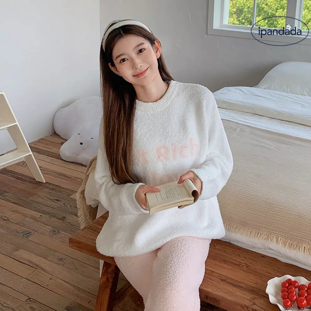 スイート ソフト フワフワ パジャマ レディース 秋冬 ハーフフリース ルームウェア 厚手 保温 シンプル かわいい 可愛い 暖かい あったか 長袖 部屋着 ふわもこ モコモコ セット ID3521 レディース＞セットアップ