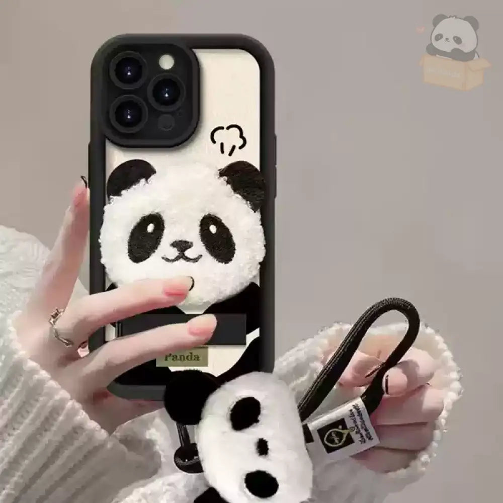 スマホケース 多機種対応 パンダ ふわふわ ブラック ホワイト iphoneケース おしゃれ 多機能 スマホケース アイフォンケース ブラック（ストラップ + 目に見えないブラケット） / iPhone 13 グッズ＞その他