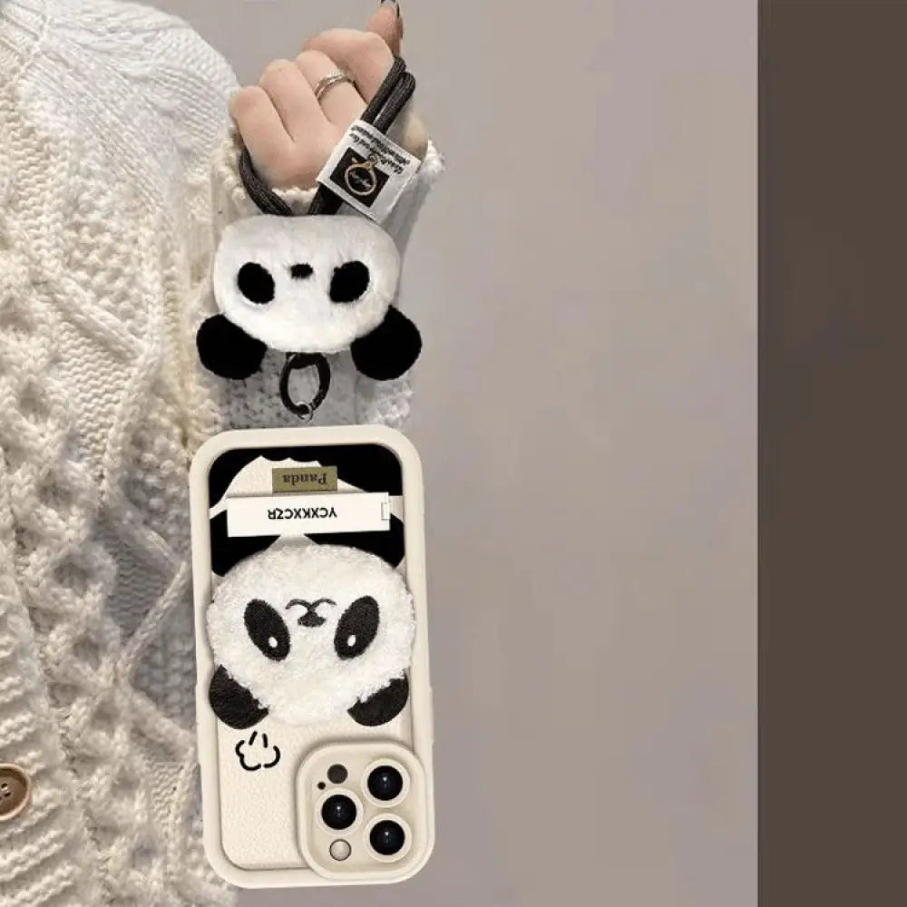 スマホケース 多機種対応 パンダ ふわふわ ブラック ホワイト iphoneケース おしゃれ 多機能 スマホケース アイフォンケース ホワイト（ストラップ + 目に見えないブラケット） / iPhone 13 グッズ＞その他
