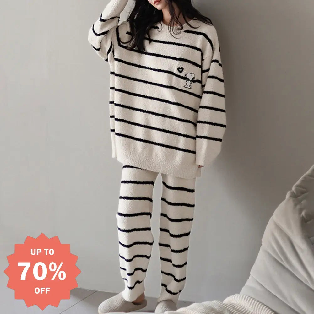 スヌーピー 柄 ボーダー ルームウェア レディース 上下セット 長袖 ゆったり ふわふわ あったか 冬用 パジャマ シンプル 可愛い 柔らかい 部屋着 ナイトウェア セットアップ ID3412